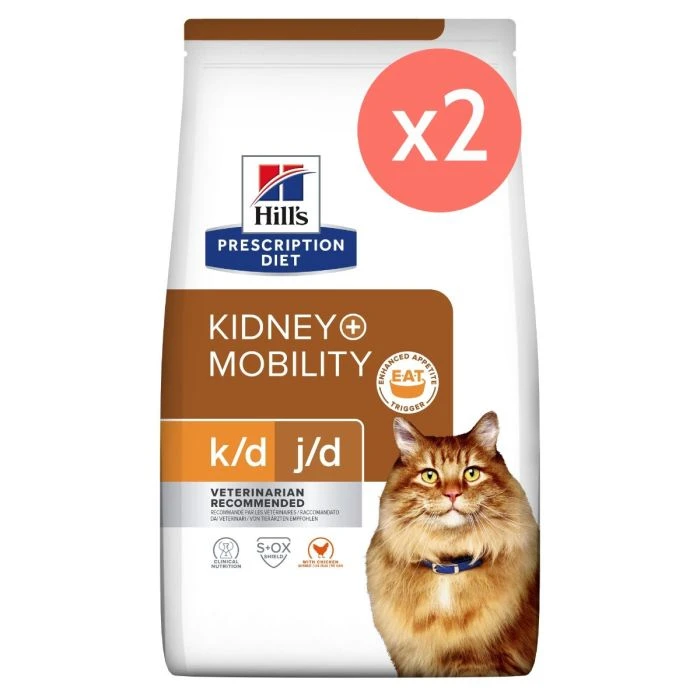 Lot De 2 Sacs Hill's Prescription Diet K/D J/D Kidney + Mobility Croquettes Pour Chat Au Poulet - 3Kg