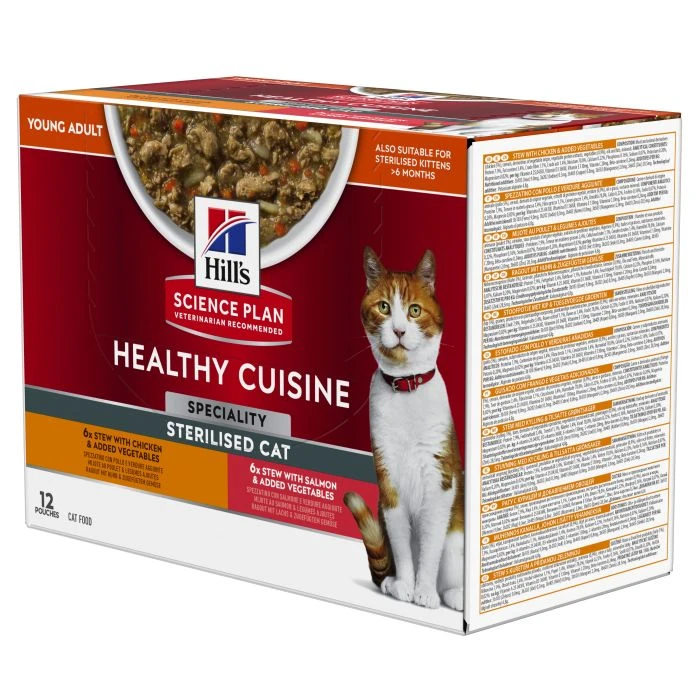 HILL'S SCIENCE PLAN HEALTHY CUISINE MIJOTÉS POUR CHAT ADULTE STÉRILISÉ AU POULET ET AU SAUMON 12X80G